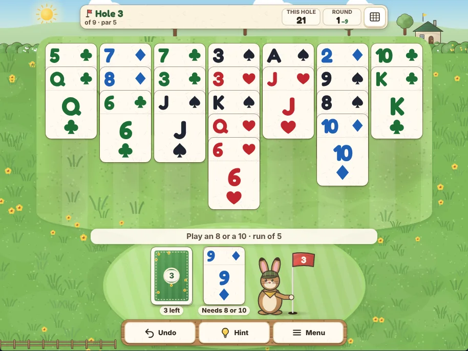 Actual Buttercup Links Golf Solitaire gameplay in a desktop browser: hole 3 of 9, seven columns of face-up cards on a striped fairway with 21 cards left, the waste card a 9 of diamonds that needs an 8 or a 10, three cards left in the stock, and Willa the hare holding the flag for hole 3 beside the green. The message line reads Play an 8 or a 10, run of 5.