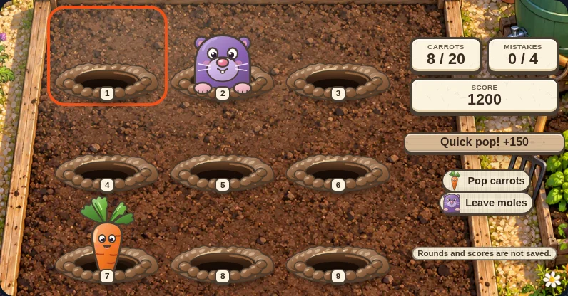 Actual Carrot Pop gameplay at eight carrots and 1,200 points, with an orange carrot in hole 7 and a purple mole in hole 2.