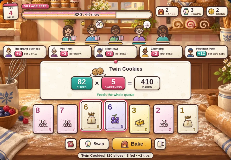 Actual Full House Bakery gameplay on day 4, the village fete: 320 of 440 slices are baked and three of five customers hold cake boxes, five regulars sit in the café, and a 6 of flour and a 6 of berries are chosen for Twin Cookies previewing 82 slices times 5 sweetness equals 410.