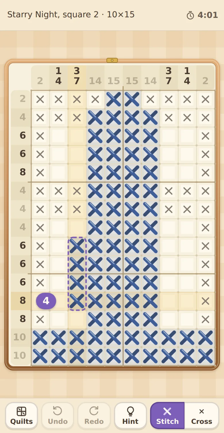 Actual Little Stitches gameplay on a phone-sized screen: Starry Night, square 2, a tall 10 by 15 pattern, with the clock at 4:01. The hoop fills the screen with column counts along the top and row counts down the left, bold blue stitches and thin gray crosses, the counts of finished lines faded, and four squares in column 3 held in a dashed purple outline by a drag, with a purple bubble beside them reading 4. The Quilts, Undo, Redo and Hint buttons and the Stitch and Cross switch run along the bottom.