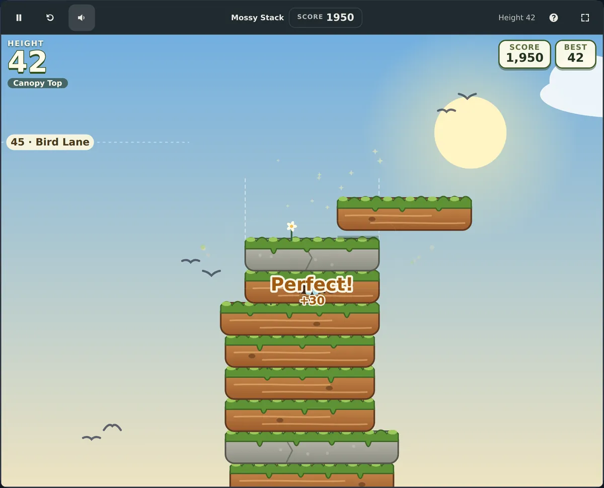 Actual Mossy Stack gameplay on desktop at height 42 in the open sky, with birds, a cloud, the next log swinging in beside the dotted guides, a Perfect callout over a nest log and the Bird Lane signpost.