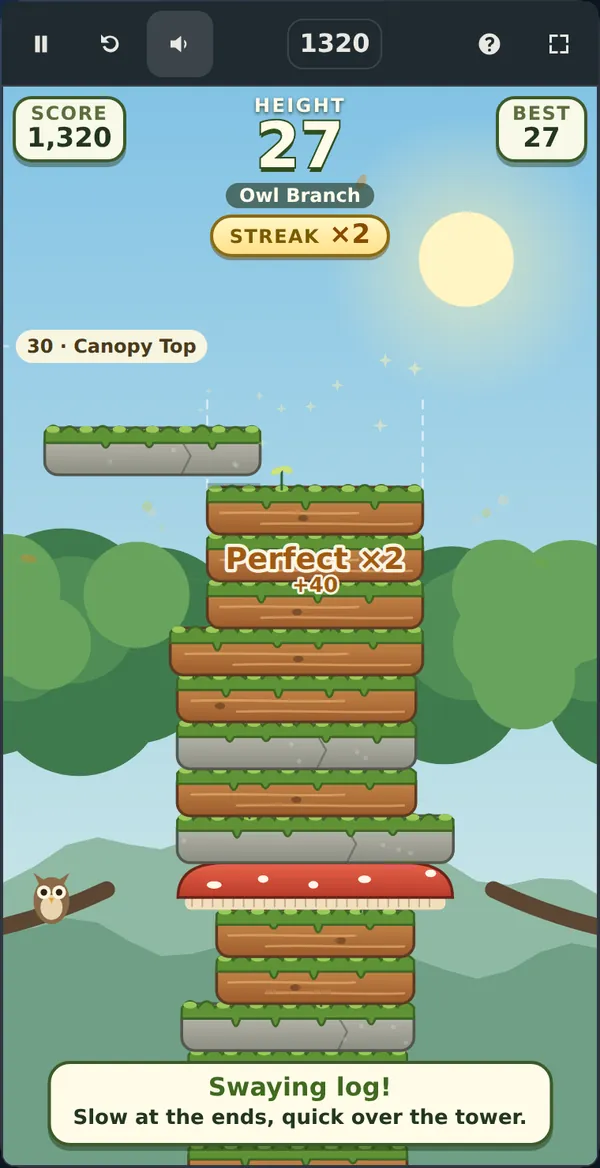 Actual Mossy Stack gameplay on a phone at height 27: a tower of mossy logs and stones with a red mushroom cap, a stone swinging in from the left, a Perfect ×2 callout, the height counter, a streak badge and a banner about swaying logs.