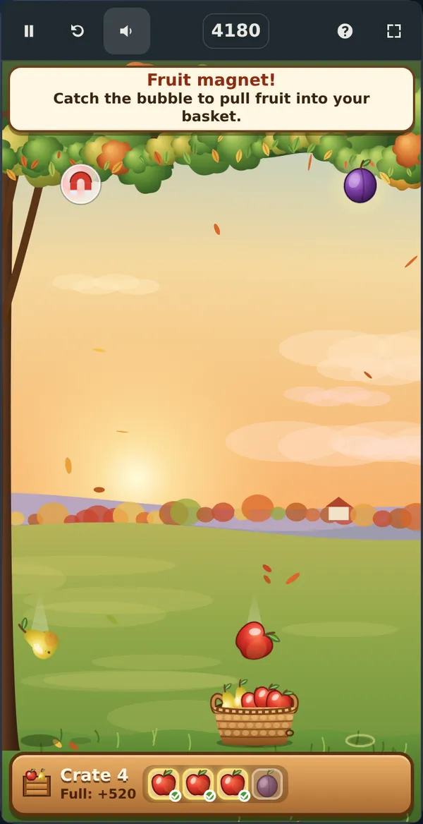 Actual Orchard Catch gameplay on a phone: the crate bar along the bottom with three apples filled and one plum to go, a basket full of fruit catching an apple, a pear falling on the left, and a magnet bubble and a glowing plum hanging under the canopy.