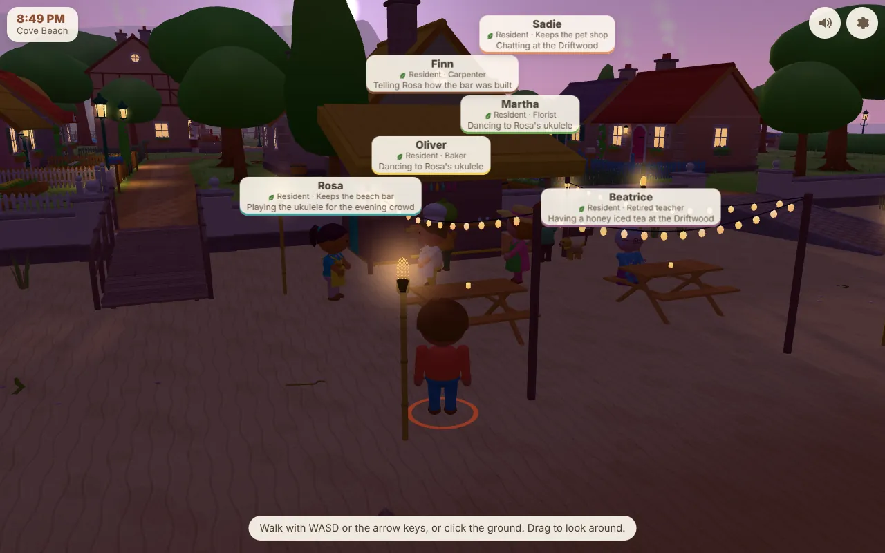 Actual CozyWorld Village screenshot: the Driftwood beach bar in the evening, with string lights, a torch, picnic tables and residents chatting and dancing on the sand.