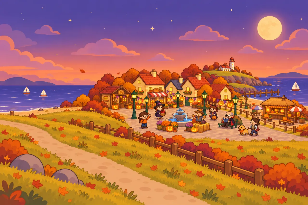 Cartoon illustration of the seaside village on a Halloween evening, with jack-o'-lanterns, bunting, a scarecrow by the fountain and residents in cozy costumes under a full moon.