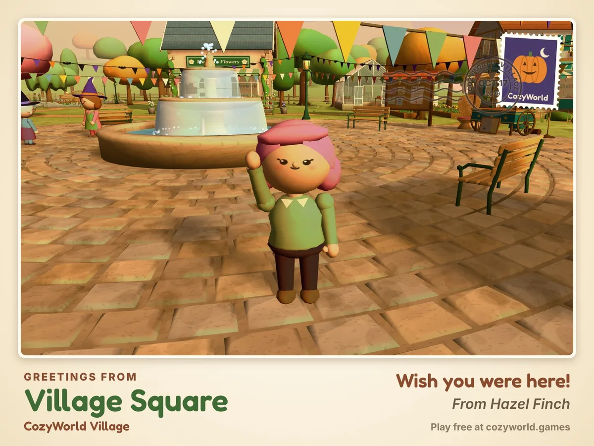 A photo postcard from the game: a player waving by the fountain in Village Square under autumn bunting, with a pumpkin stamp, a postmark and the caption Wish you were here!